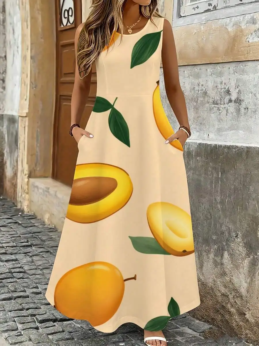 Sleeveless Beige Maxi Dress With Mango Print Summer Beach Vacation Outfit
Sleeveless Beige Maxi Dress With Mango Print Summer Beach Vacation Outfit