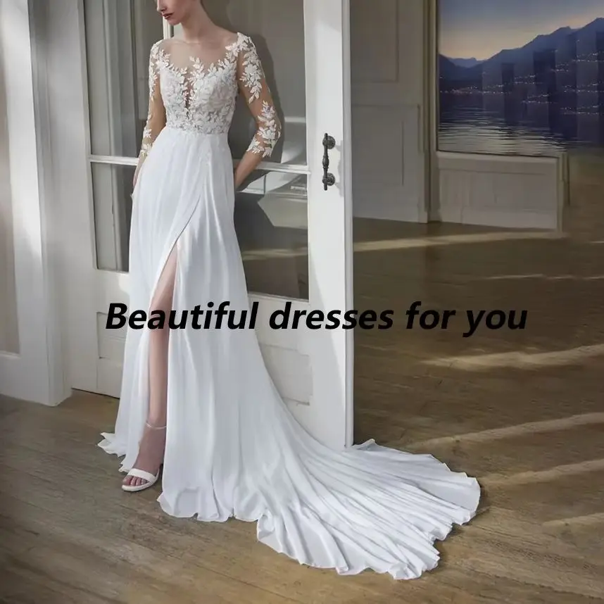 Chic Boho Wedding Dress Customized Sexy Illusion Scoop Neck Lace Appliques Chiffon A Line Floor Length Bridal Gowns
Chic Boho Wedding Dress Customized Sexy Illusion Scoop Neck Lace Appliques Chiffon A Line Floor Length Bridal Gowns