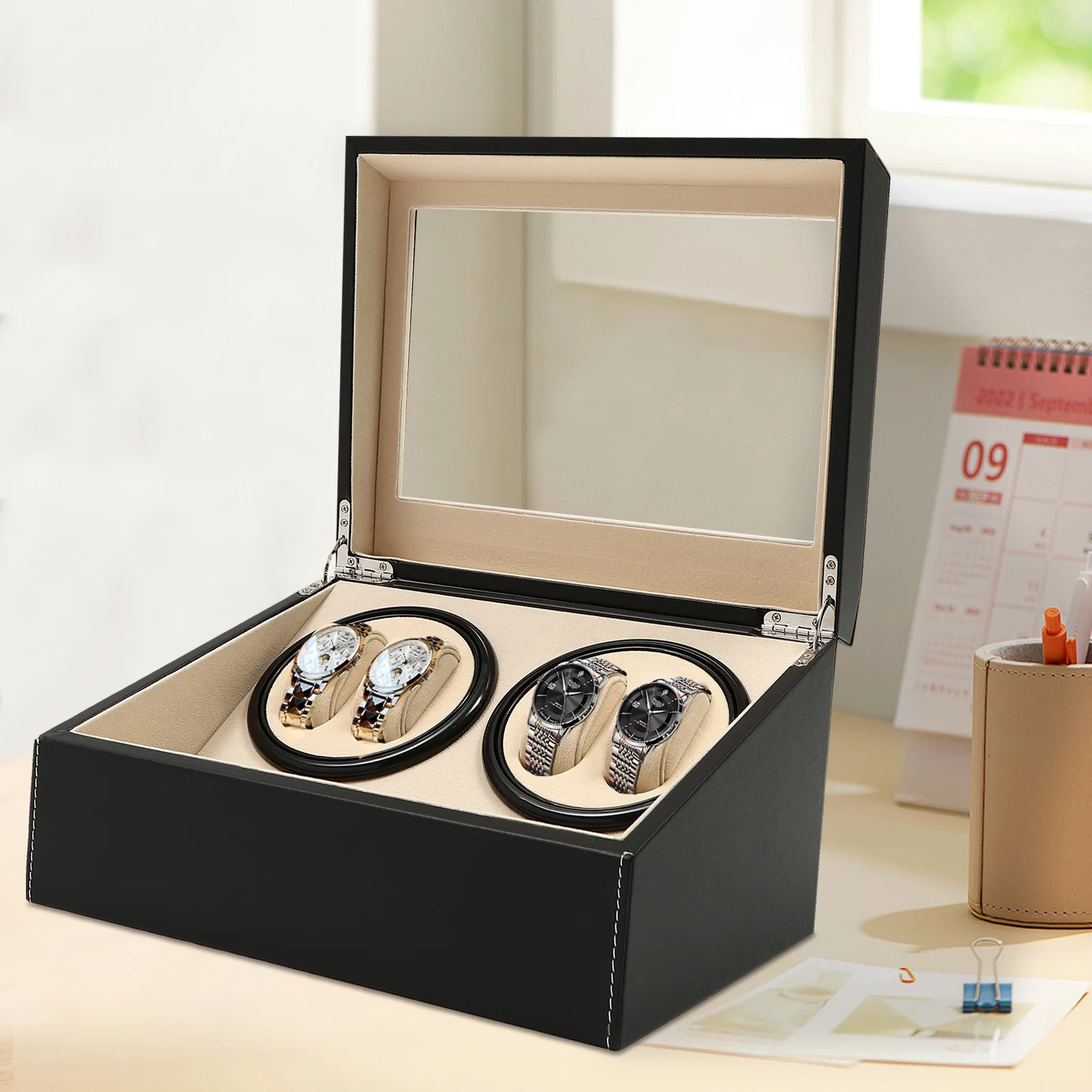 1 Watch Winder Display Box Leather Wood 4 + 6 Automatic Rotation for Watch Collectors Home Display Keep Watches Running
1 Watch Winder Display Box Leather Wood 4 + 6 Automatic Rotation for Watch Collectors Home Display Keep Watches Running