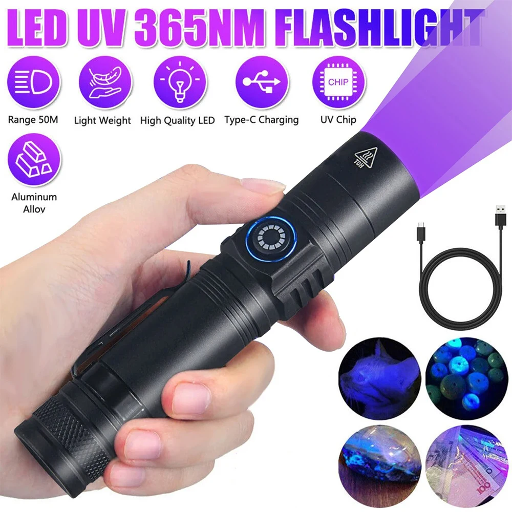 365nm UV Light Torch USB Rechargeable Powerful LED Flashlight Ultraviolet Black Light Lantern For Pet Urine Stains Inspection
365nm UV Light Torch USB Rechargeable Powerful LED Flashlight Ultraviolet Black Light Lantern For Pet Urine Stains Inspection