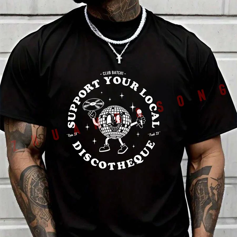 Мужская футболка с надписью "Поддержите свой местный дискотечный клуб", повседневная, высокого качества, с круглым вырезом, с короткими рукавами, размеры S-3XL
Мужская футболка с надписью "Поддержите свой местный дискотечный клуб", повседневная, высокого качества, с круглым вырезом, с короткими рукавами, размеры S-3XL