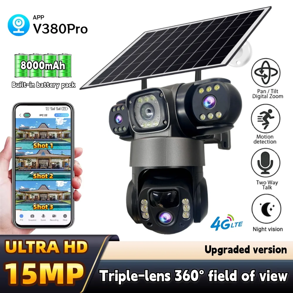 4G Network Solar Camera Outdoor 15MP 8K Triple Lens Triple Screen Security Video Monitor Night Vision PIR Detection CCTV Camera
4G Network Solar Camera Outdoor 15MP 8K Triple Lens Triple Screen Security Video Monitor Night Vision PIR Detection CCTV Camera