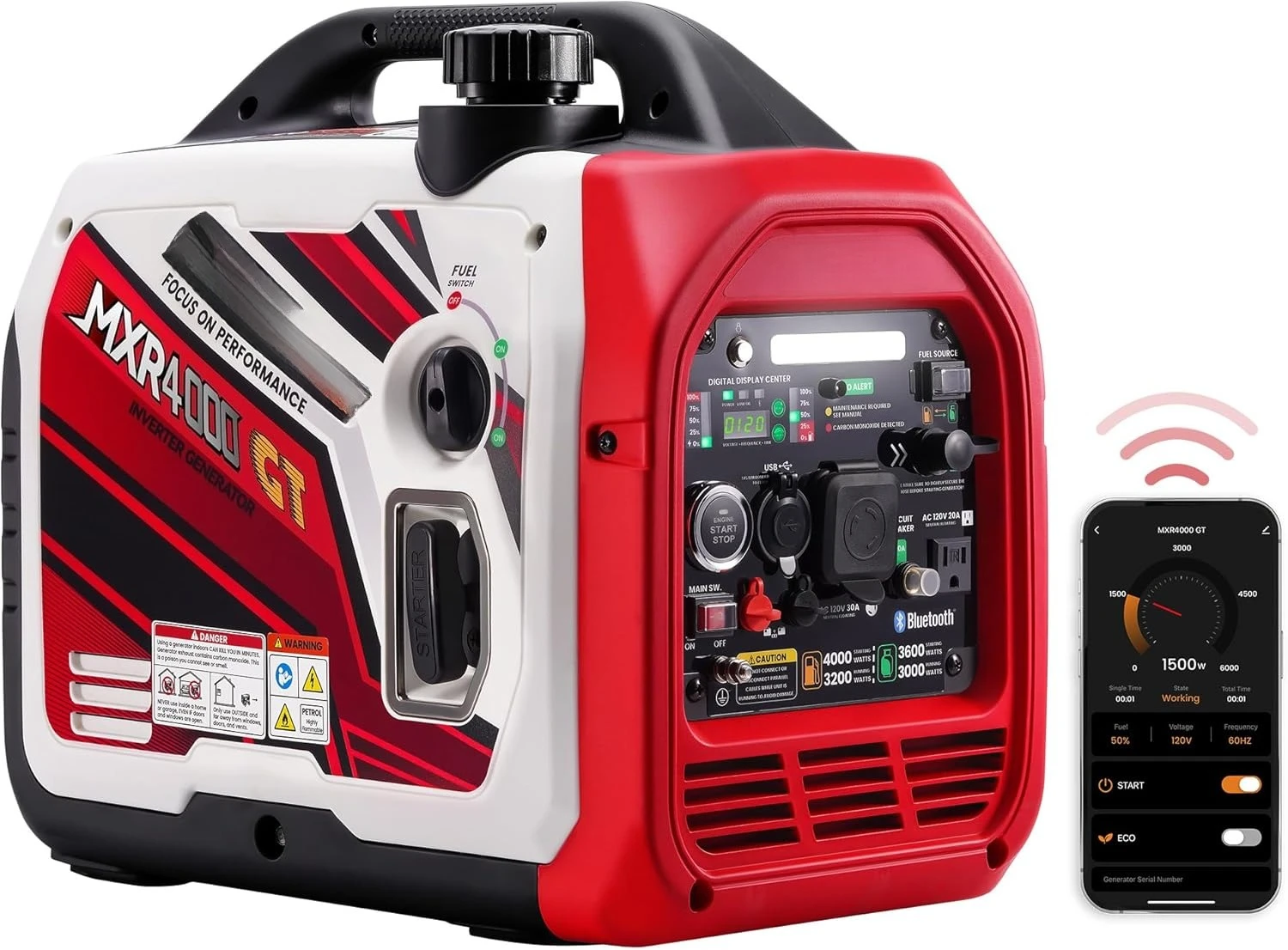 4000 Watt Dual Fuel Inverter Generator with Bluetooth® Control Start and Display, RV Ready, Electric Start, Quiet for Outdoor
4000 Watt Dual Fuel Inverter Generator with Bluetooth® Control Start and Display, RV Ready, Electric Start, Quiet for Outdoor