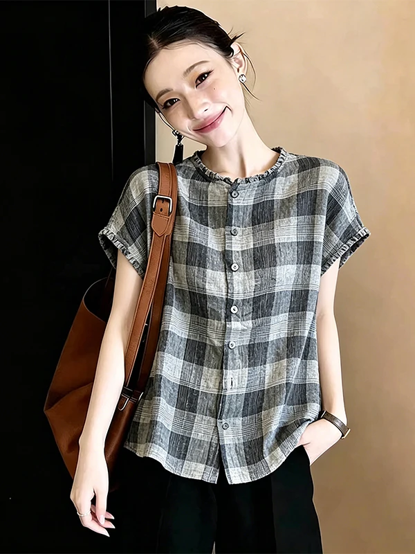 Loose round Neck Shirt Women's Casual Vintage Plaid Top Large Size Summer New Style Artistic Wooden Korean Style Commute
Loose round Neck Shirt Women's Casual Vintage Plaid Top Large Size Summer New Style Artistic Wooden Korean Style Commute