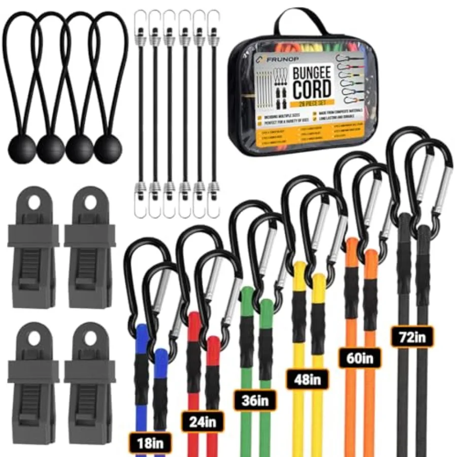 Bungee Cords with Carabiner Hooks 26-Piece Set Heavy Duty Assorted Sizes (72" 60" 48" 36" 24" 18") Includes Ball Bungees Tarp C
Bungee Cords with Carabiner Hooks 26-Piece Set Heavy Duty Assorted Sizes (72" 60" 48" 36" 24" 18") Includes Ball Bungees Tarp C
