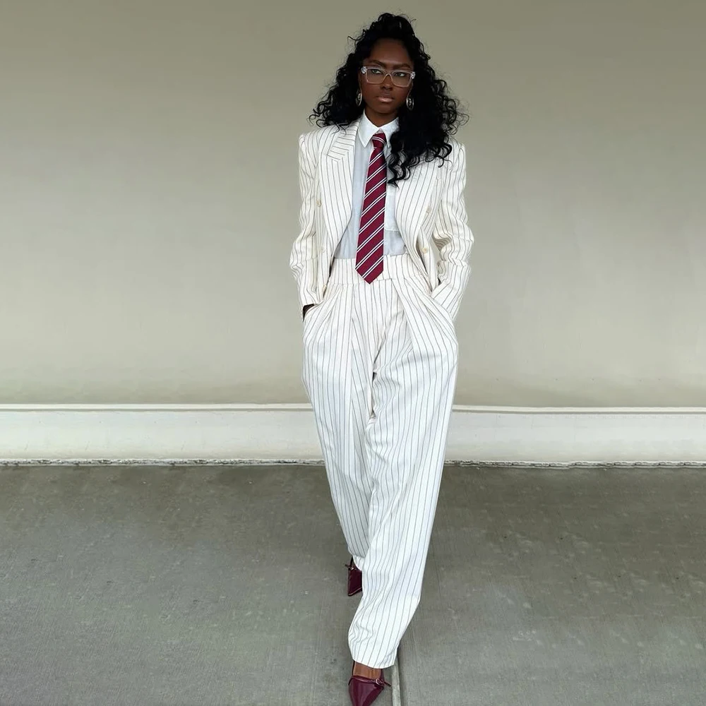 Loose Women's Suits Blazer Elegant Double Breasted Peak Lapel Pinstripe Leisure 2 Piece Jacket Pants Outfits Clothing
Loose Women's Suits Blazer Elegant Double Breasted Peak Lapel Pinstripe Leisure 2 Piece Jacket Pants Outfits Clothing