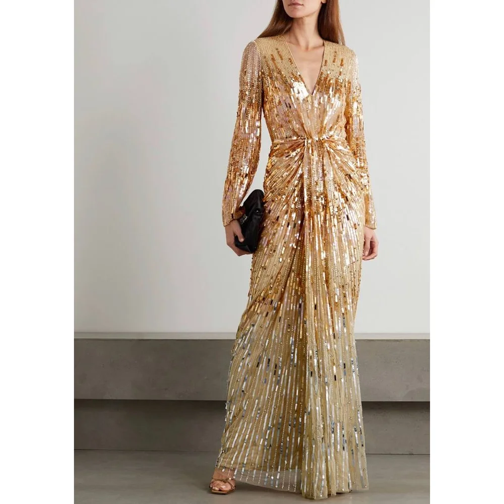 Luxury Gold V Neck Long Sleeves Floor-length Evening Dress Female Formal Party Prom Gown Vestidos De Fiesta
Luxury Gold V Neck Long Sleeves Floor-length Evening Dress Female Formal Party Prom Gown Vestidos De Fiesta