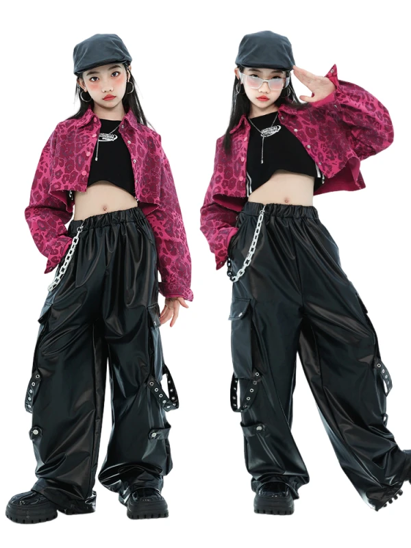 Kid Hip Hop Clothing Pink Leopard Crop Shirt Top Black Faux Leather Wide Strap Cargo Pants for Girl Group Jazz Dance Costume
Kid Hip Hop Clothing Pink Leopard Crop Shirt Top Black Faux Leather Wide Strap Cargo Pants for Girl Group Jazz Dance Costume
