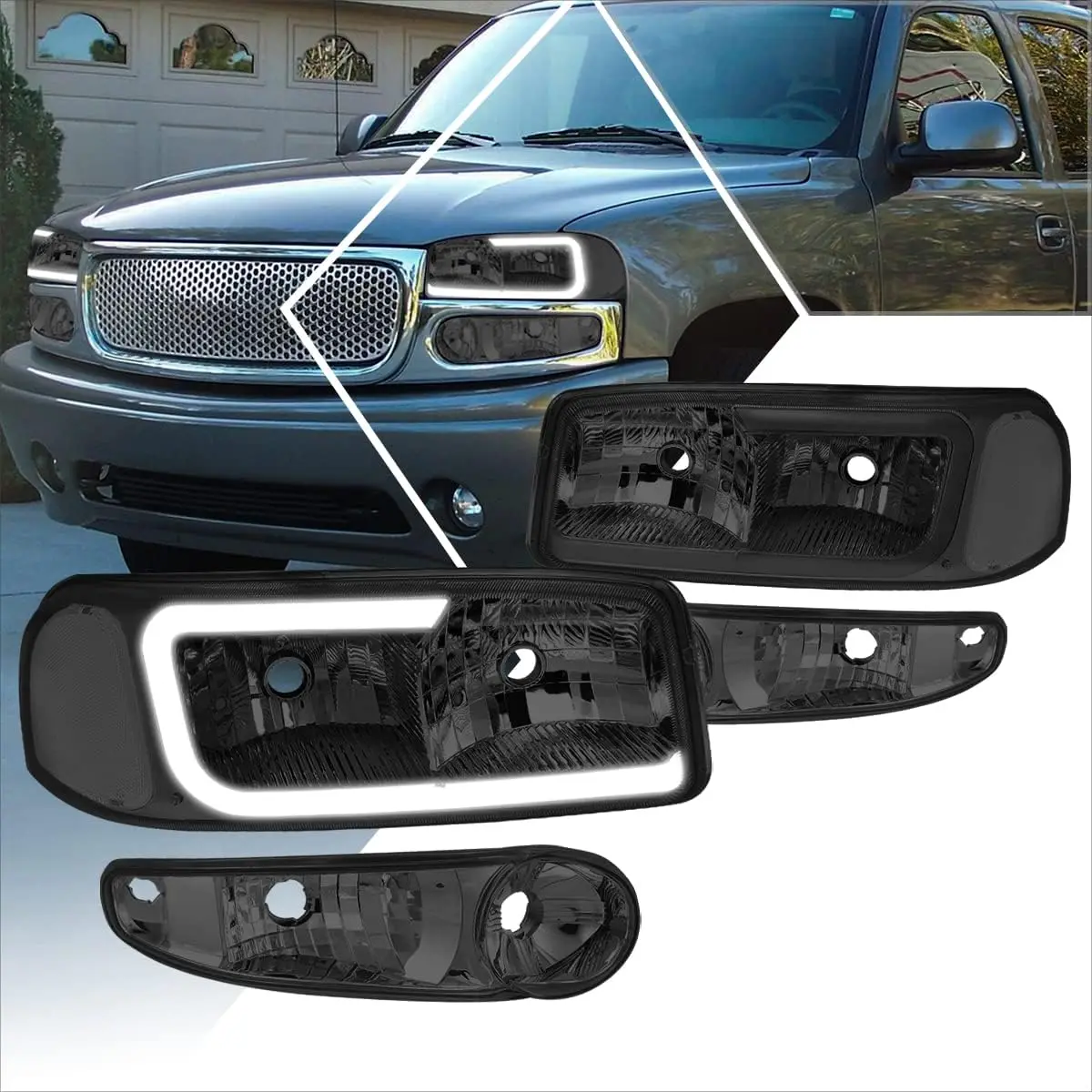 4-Piece LED DRL Headlight Set with Bumper Lamps & Clear Corner Lamps, Compatible with 2000-2006 Sierra Yukon Denali
4-Piece LED DRL Headlight Set with Bumper Lamps & Clear Corner Lamps, Compatible with 2000-2006 Sierra Yukon Denali