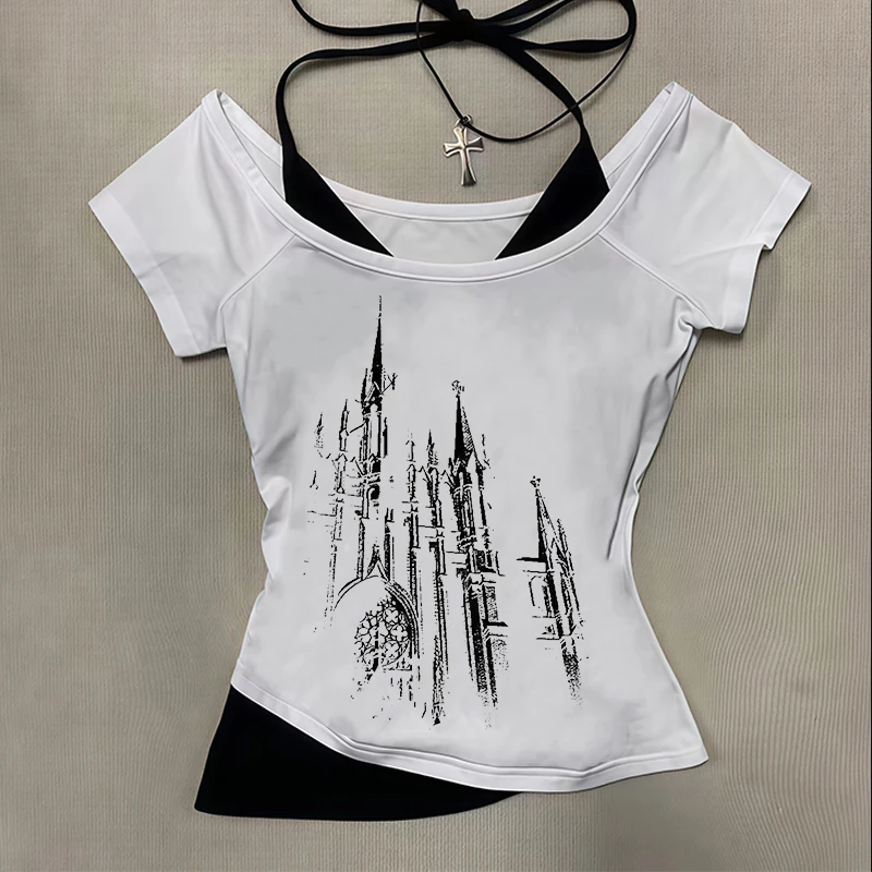 2025 summer new Y2k Slim Fit Print Tops Women Off Shoulder Short Sleeve Tee Shirt Vintage Fake Two Piece Halter Lace Up T-shirts
2025 summer new Y2k Slim Fit Print Tops Women Off Shoulder Short Sleeve Tee Shirt Vintage Fake Two Piece Halter Lace Up T-shirts