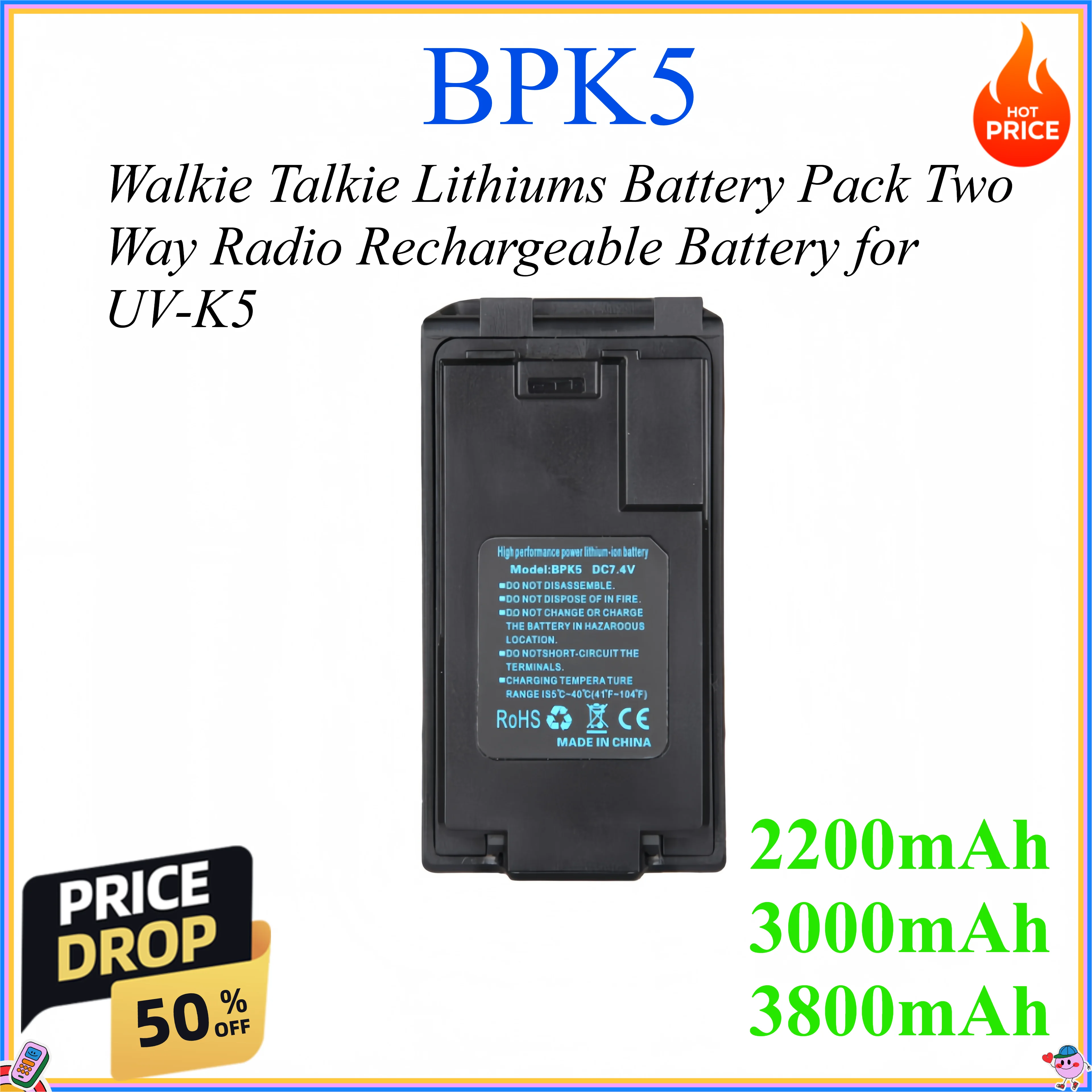 2200mAh 3000mAh 3800mAh Walkie Talkie Lithiums Battery Pack Two Way Radio Rechargeable Battery for UV-K5
2200mAh 3000mAh 3800mAh Walkie Talkie Lithiums Battery Pack Two Way Radio Rechargeable Battery for UV-K5