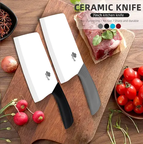 Kitchen Knife 7 Inch Ceramic Cleaver Knife for Fish Meat Vegetable Slicing Household Utility Knives with Cover Cooking Cutter