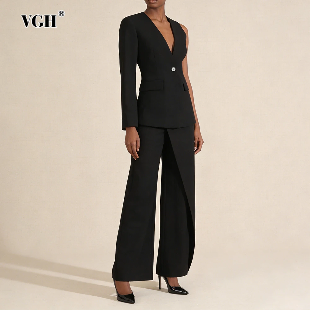 VGH Temperament Solid Two Piece Sets For Women V Neck Single Shoulder Sleeve Top High Waist Pants Chic Commute Set Female New
VGH Temperament Solid Two Piece Sets For Women V Neck Single Shoulder Sleeve Top High Waist Pants Chic Commute Set Female New