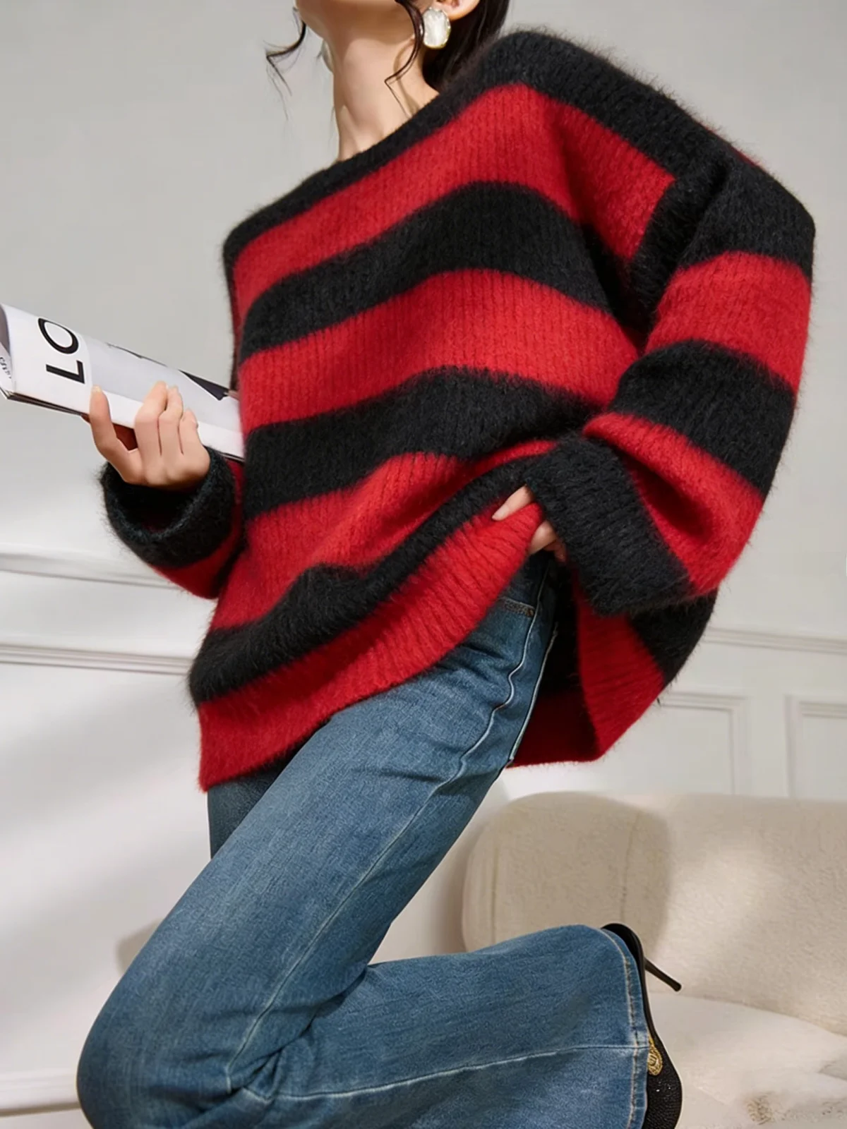 Lulu Korean Style Lazy Stripe Sweater Women's Autumn Winter Loose Slim Long Sleeve Top Vintage Loose Fit plus Size Girls
Lulu Korean Style Lazy Stripe Sweater Women's Autumn Winter Loose Slim Long Sleeve Top Vintage Loose Fit plus Size Girls