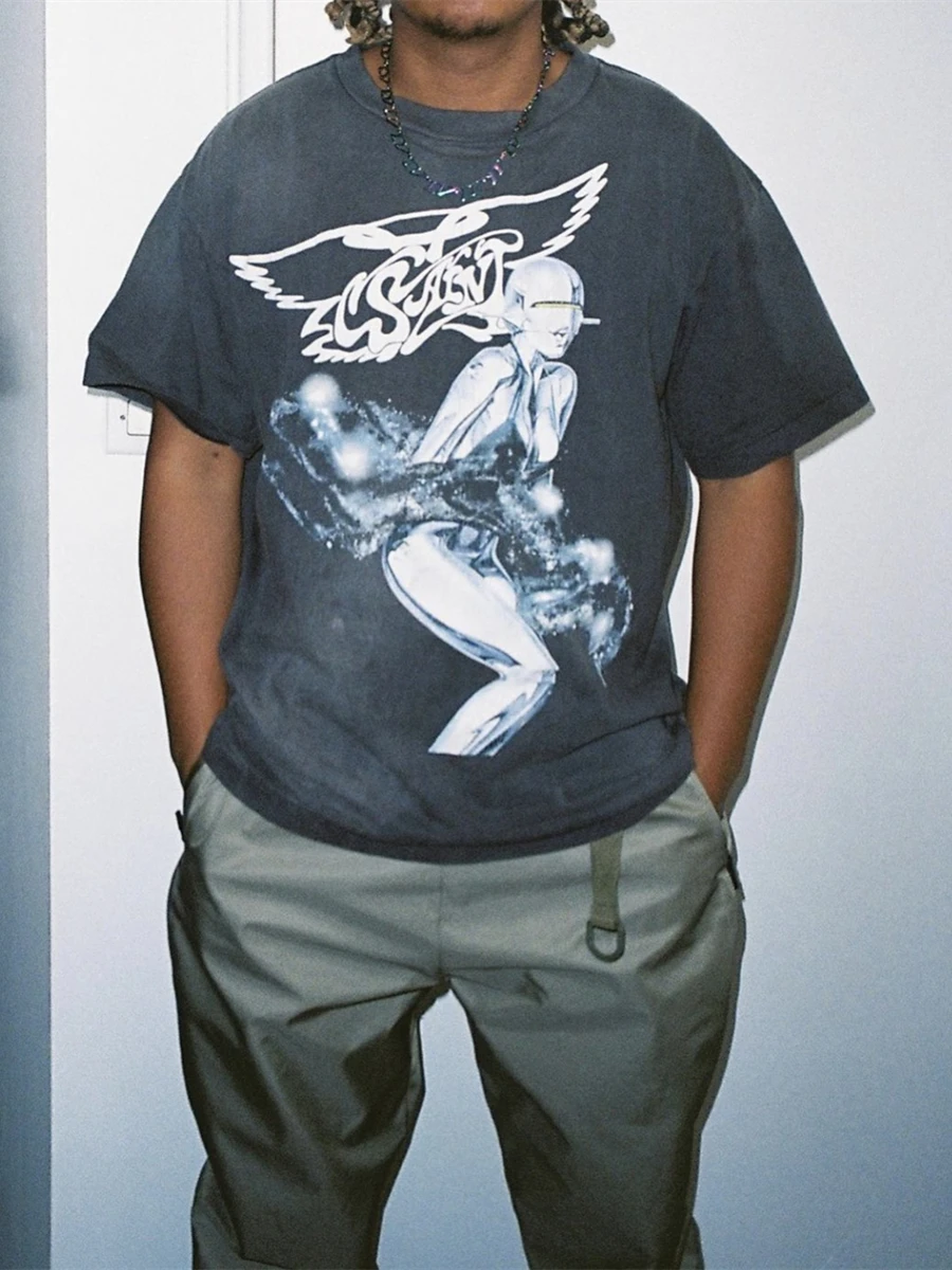 Винтажная американская мужская футболка с коротким рукавом, свободного кроя, из хлопка, с молодежным мультяшным принтом, летняя мода
Винтажная американская мужская футболка с коротким рукавом, свободного кроя, из хлопка, с молодежным мультяшным принтом, летняя мода