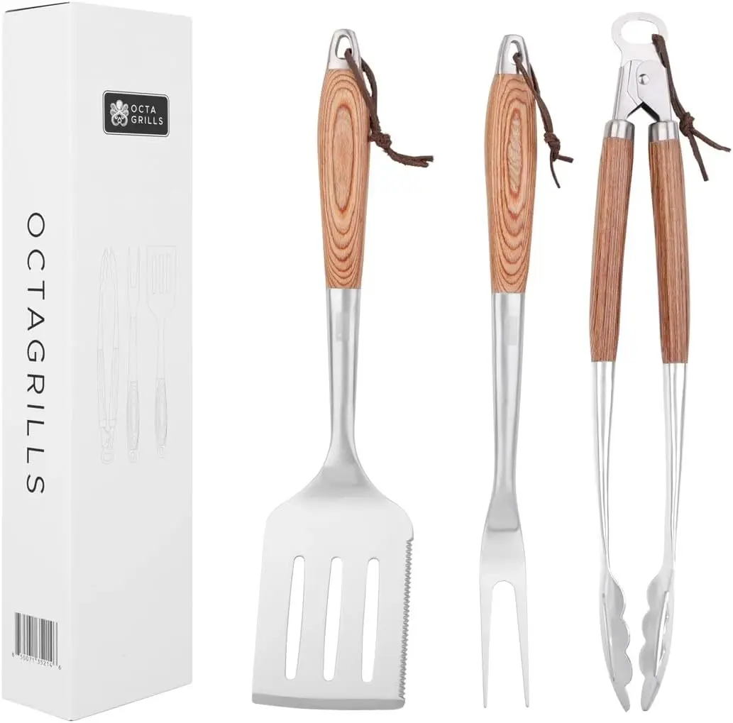 3-Piece BBQ Set – Stainless Steel Grill Tools with Wood Handles & Leather Loops (Spatula, Tongs, Fork)
3-Piece BBQ Set – Stainless Steel Grill Tools with Wood Handles & Leather Loops (Spatula, Tongs, Fork)