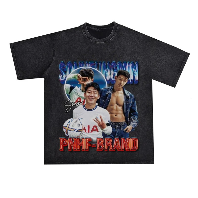 Football Son Heung Min American Washed Distressed Printed Pure Cotton Short Sleeved T-shirt for Men and Women Loose Fit
Football Son Heung Min American Washed Distressed Printed Pure Cotton Short Sleeved T-shirt for Men and Women Loose Fit