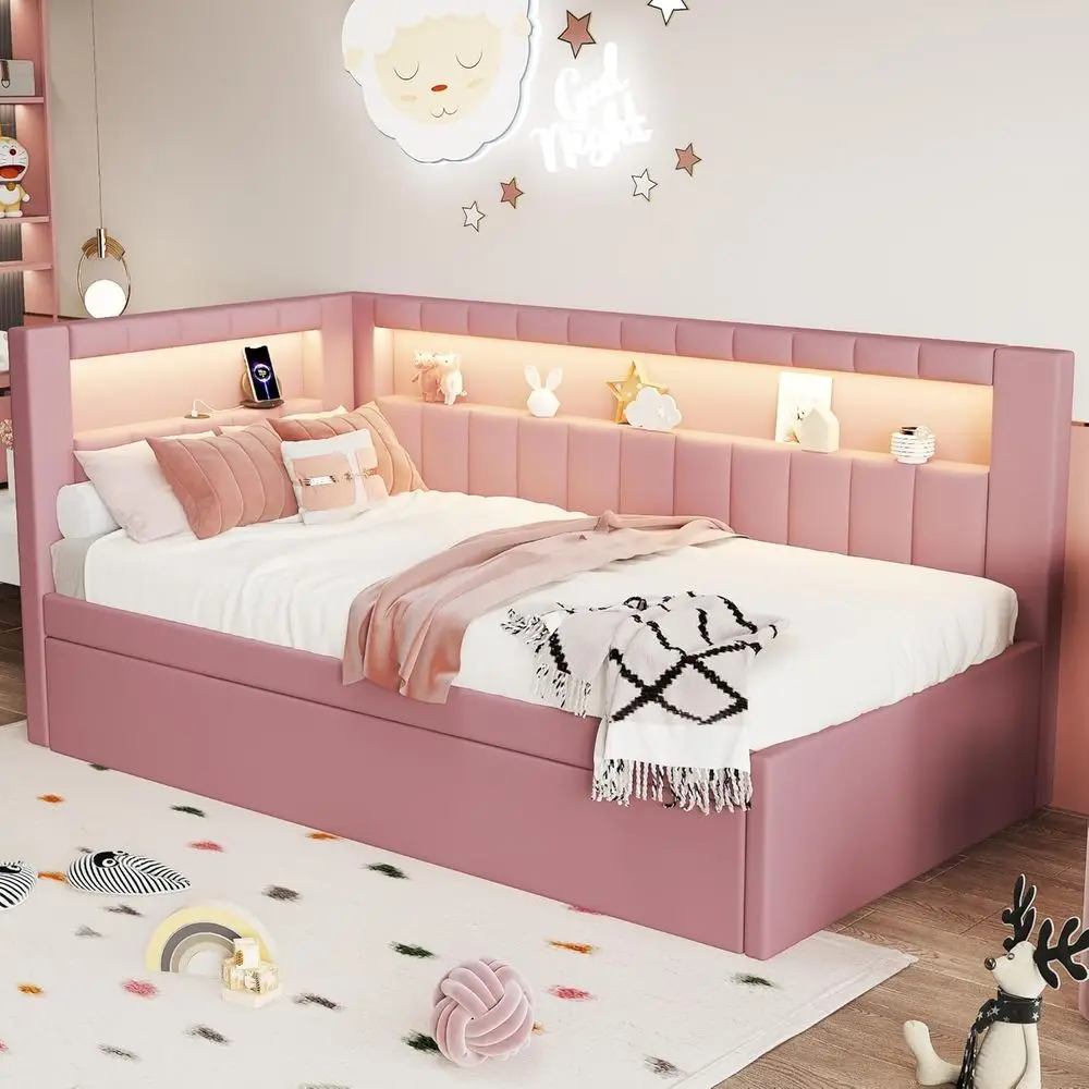 Pink Twin Size Daybed with Trundle, Built-in USB Ports and LED, L-Shaped Bed with Storage Shelves, Sleeper Sofa for Girls, Kids,
Pink Twin Size Daybed with Trundle, Built-in USB Ports and LED, L-Shaped Bed with Storage Shelves, Sleeper Sofa for Girls, Kids,