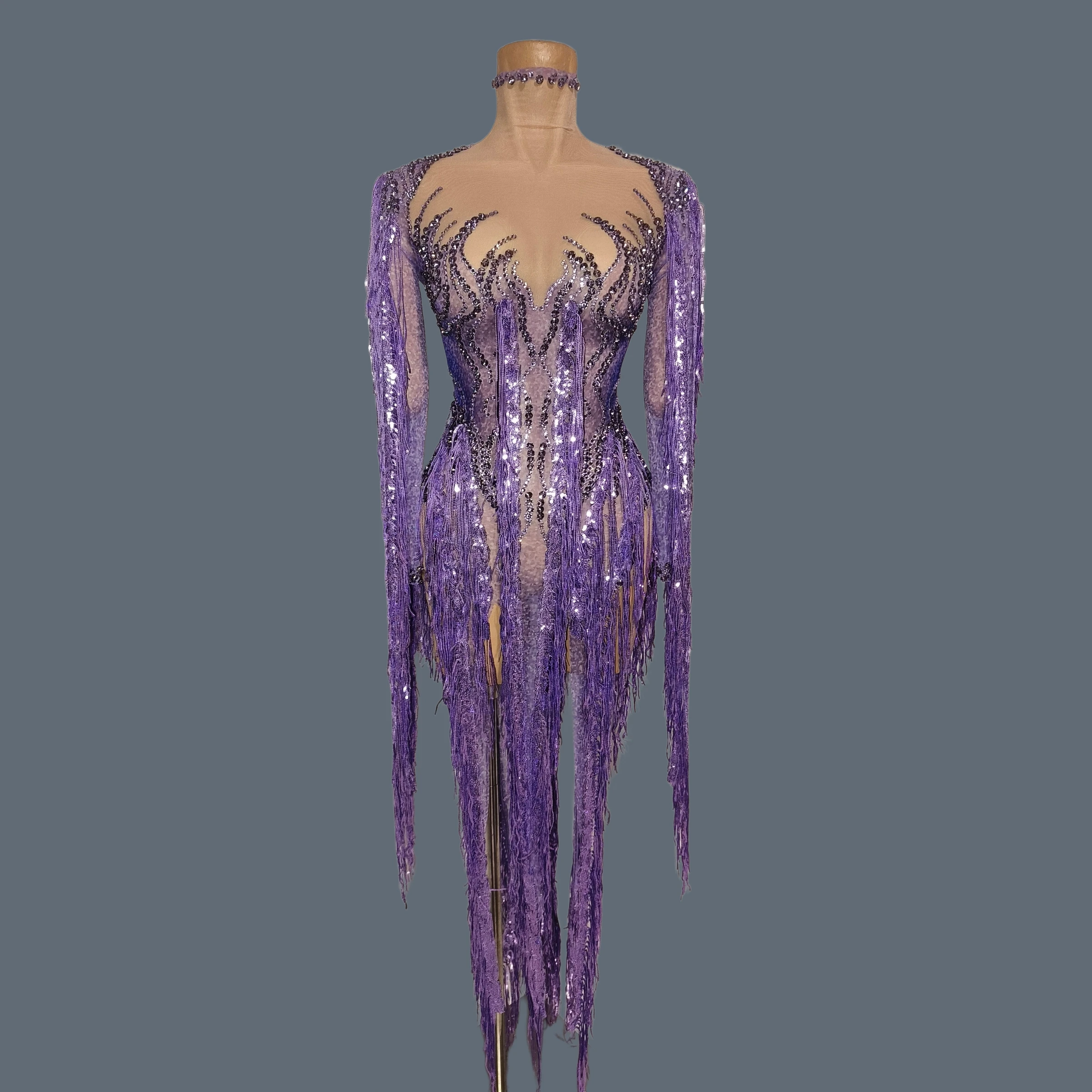 Sparkly Purple Sequin Rhinestone Fringe Catsuit Sexy Women Sheer Mesh Bodysuit Women Party Bar Stage Performance Outfit Chaomian
Sparkly Purple Sequin Rhinestone Fringe Catsuit Sexy Women Sheer Mesh Bodysuit Women Party Bar Stage Performance Outfit Chaomian