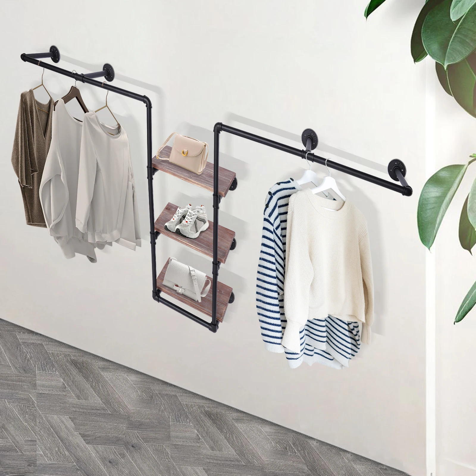 Heavy Duty Wall Storage Rack Cast Iron & Galvanized Pipe Frame Not Easy Deform Integrated Hanging Rod Design Maximize Wall Space Neat Welding Workmanship Stable Wall Mount Structure Multi-scene Use Display & Garment Hanging Combination Shelf