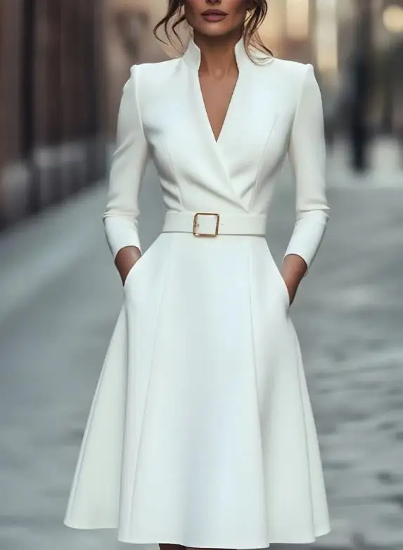 Women's Dress Spring/summer New French Style Solid Color Simple V-Neck Belt Waist A-Line Long Sleeve Banquet Suit Dress
Women's Dress Spring/summer New French Style Solid Color Simple V-Neck Belt Waist A-Line Long Sleeve Banquet Suit Dress