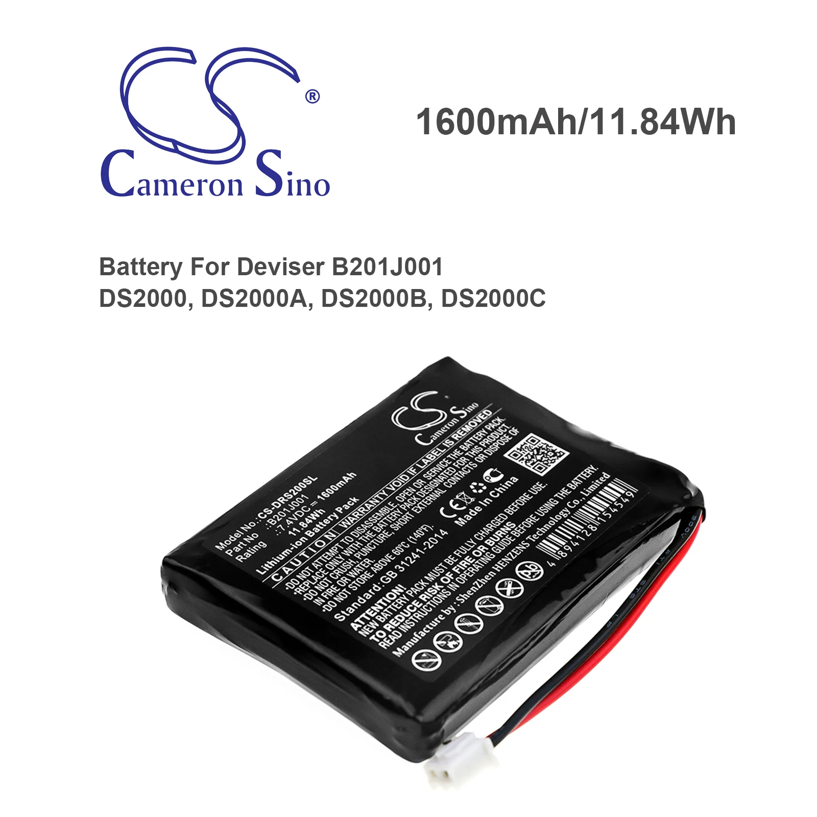 CS 1600mAh/11.84Wh Battery for Deviser DS2000, DS2000A, DS2000B, DS2000C B201J001
CS 1600mAh/11.84Wh Battery for Deviser DS2000, DS2000A, DS2000B, DS2000C B201J001