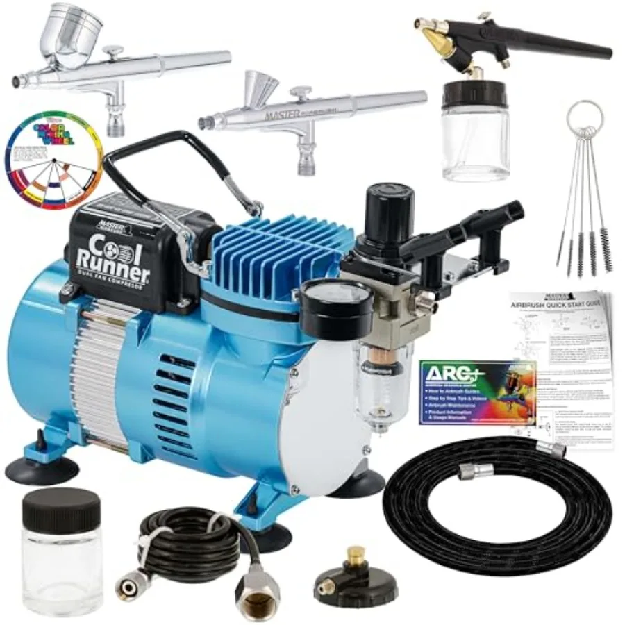 Cool Runner II Airbrush Kit with Dual Fan Air Compror, 3 Airbrushes, Cleaning Brushes, Holder, Color Mixing Wheel and How-To Ai
Cool Runner II Airbrush Kit with Dual Fan Air Compror, 3 Airbrushes, Cleaning Brushes, Holder, Color Mixing Wheel and How-To Ai