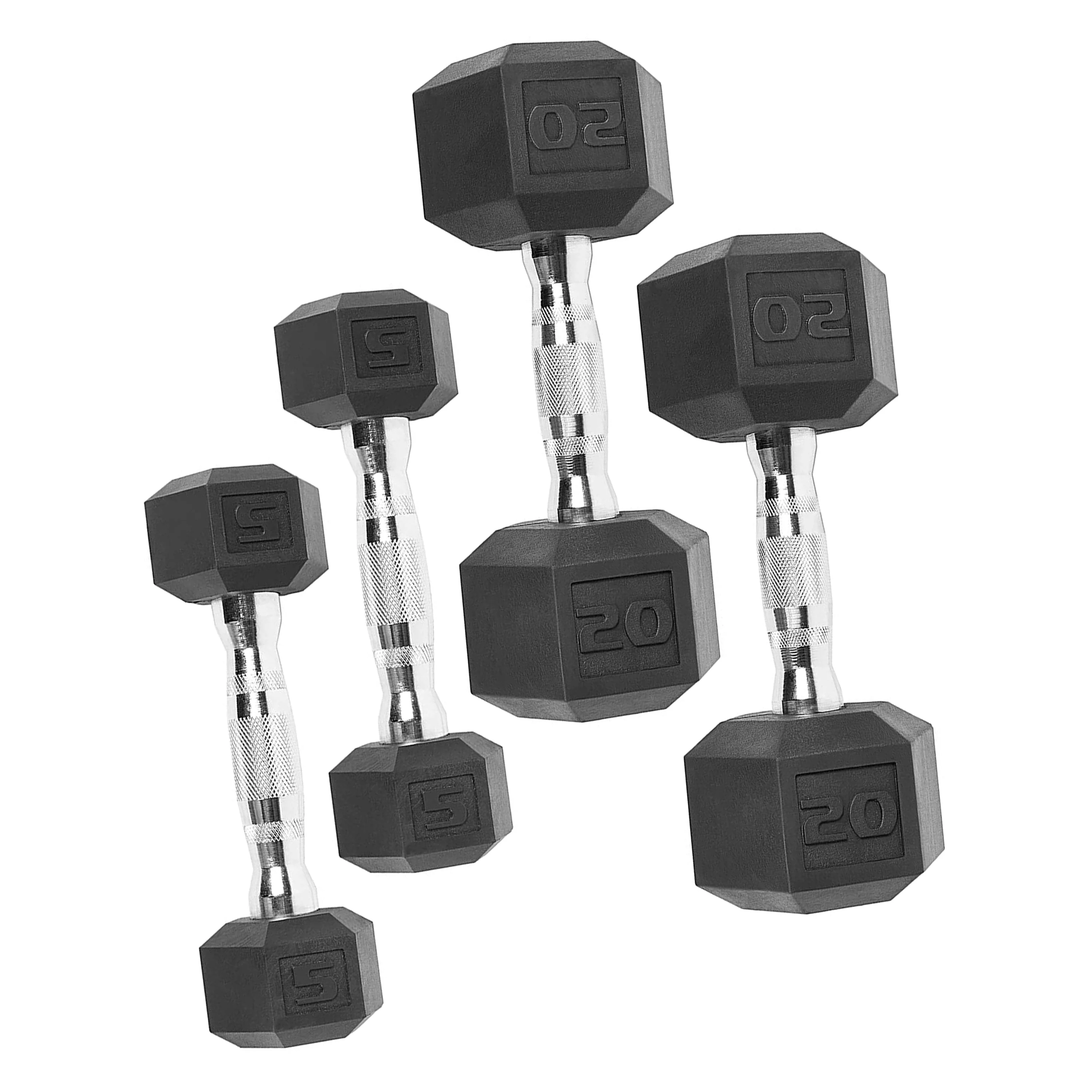 50 lb Rubber Hex Dumbbell Set with Two 5 lb and Two 20 lb Pairs
50 lb Rubber Hex Dumbbell Set with Two 5 lb and Two 20 lb Pairs