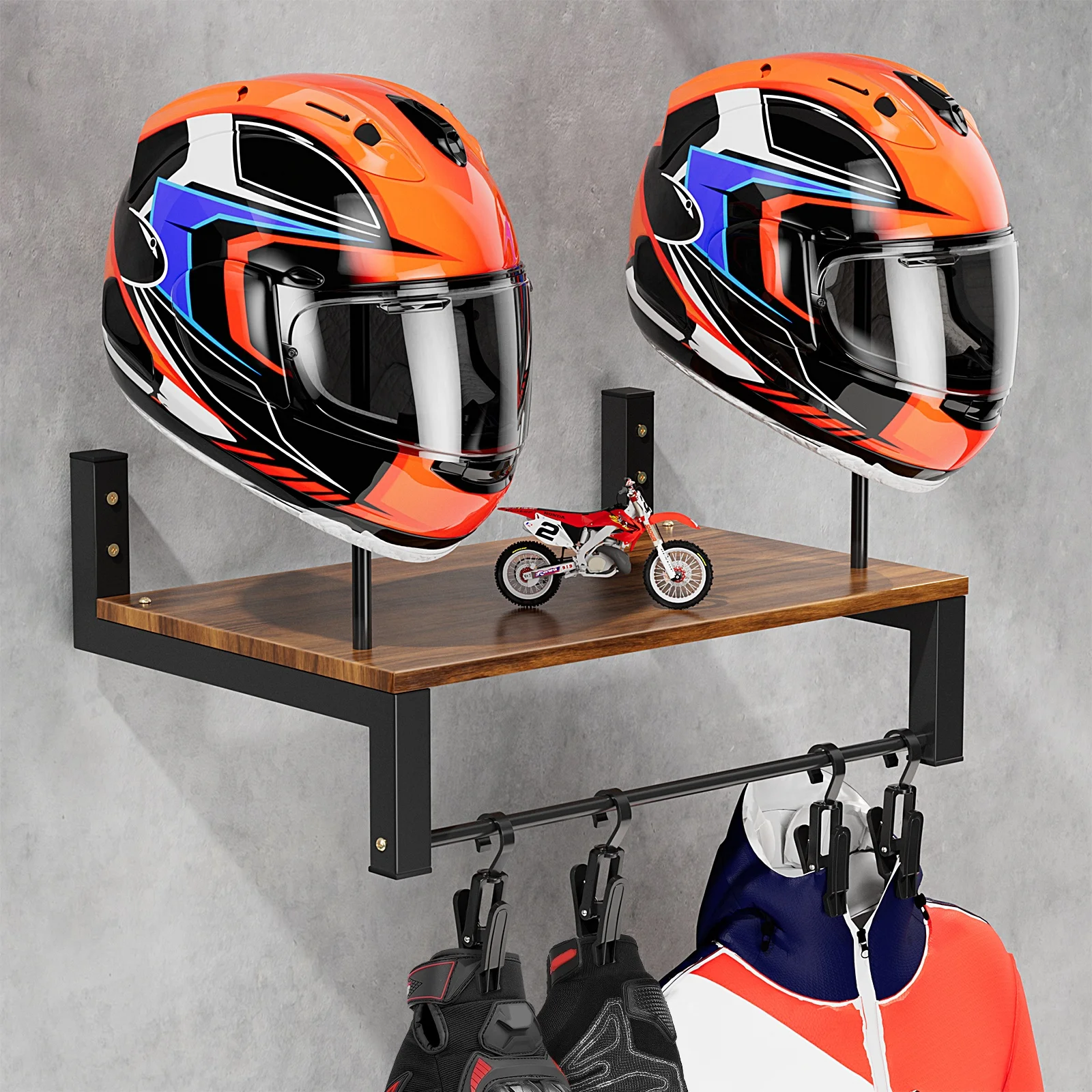 A Sturdy Wooden Display Rack for Motorcycle Helmets And Gear, Featuring Hooks - Perfect for Holiday Gifts And Decorations for Halloween And Christmas
A Sturdy Wooden Display Rack for Motorcycle Helmets And Gear, Featuring Hooks - Perfect for Holiday Gifts And Decorations for Halloween And Christmas