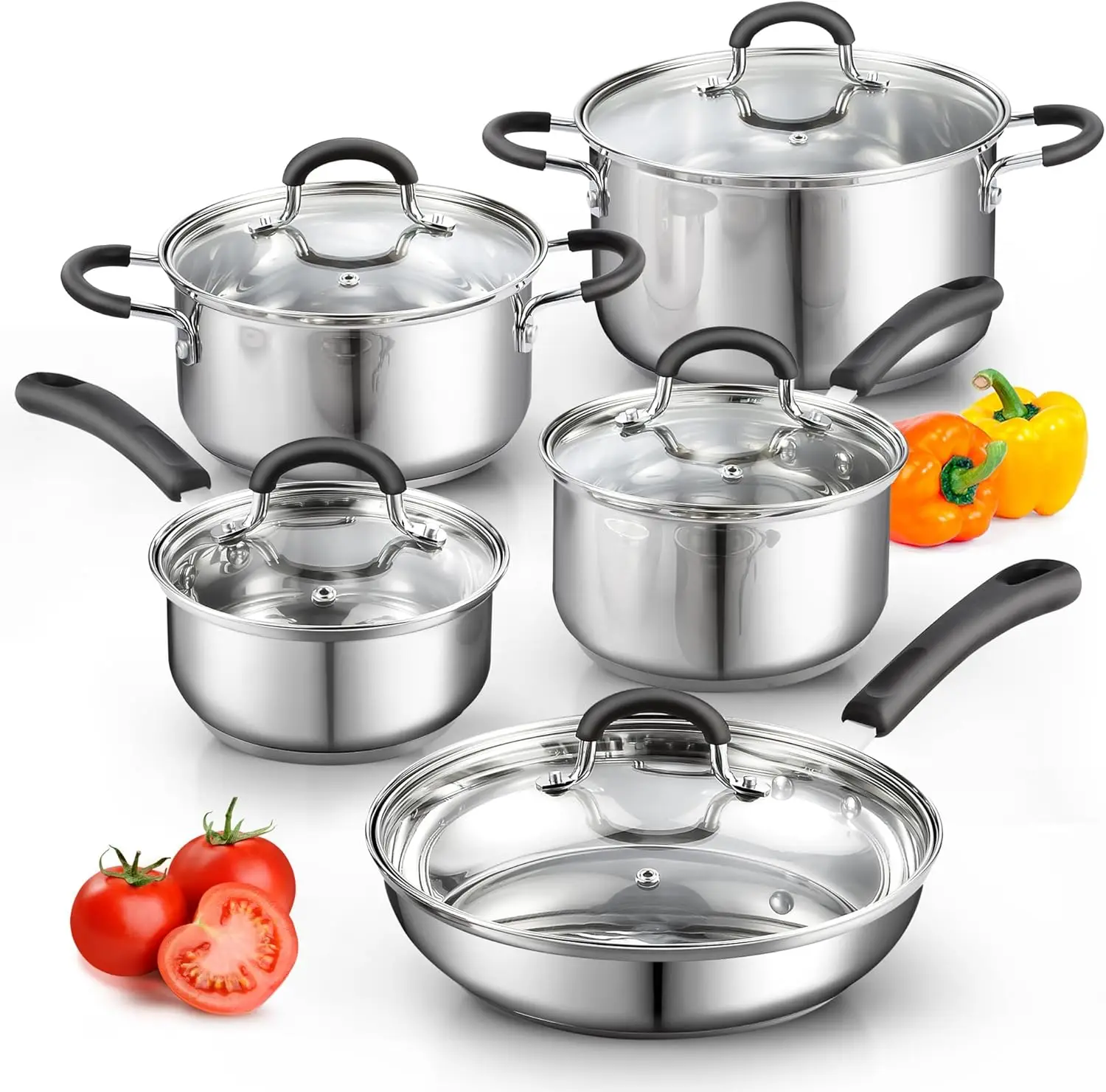 Home Stainless Steel Cookware Sets 10-Piece, Pots and Pans Kitchen Cooking Set with Stay-Cool Handles, Dishwasher Safe, Silver
Home Stainless Steel Cookware Sets 10-Piece, Pots and Pans Kitchen Cooking Set with Stay-Cool Handles, Dishwasher Safe, Silver