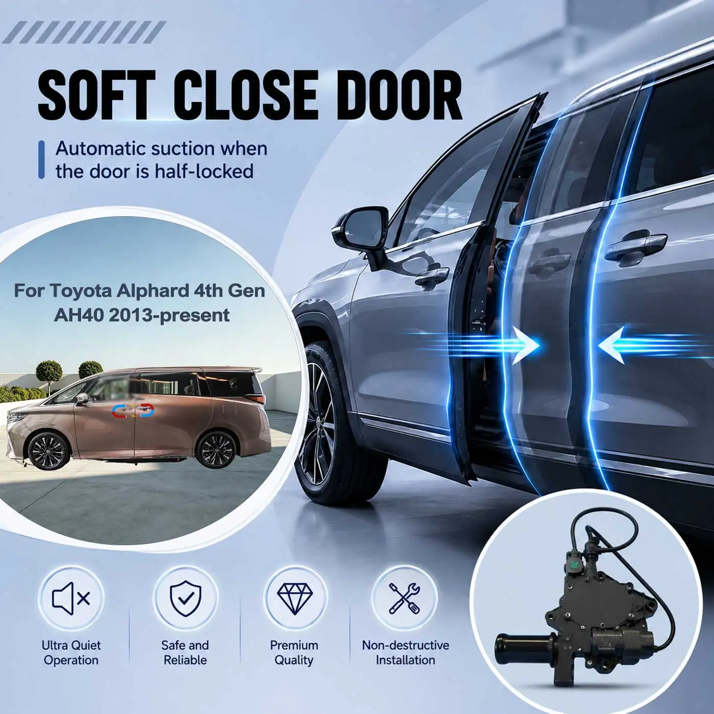 For Toyota Alphard 4th Gen AH40 2013-present Electric Soft Close Door Auto Pull-In Suction Lock Intelligent Silent Closer Kit
For Toyota Alphard 4th Gen AH40 2013-present Electric Soft Close Door Auto Pull-In Suction Lock Intelligent Silent Closer Kit