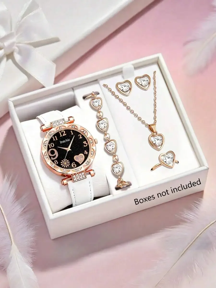 Womens Heart Dial Quartz Watch With Matching Jewelry Set
Womens Heart Dial Quartz Watch With Matching Jewelry Set