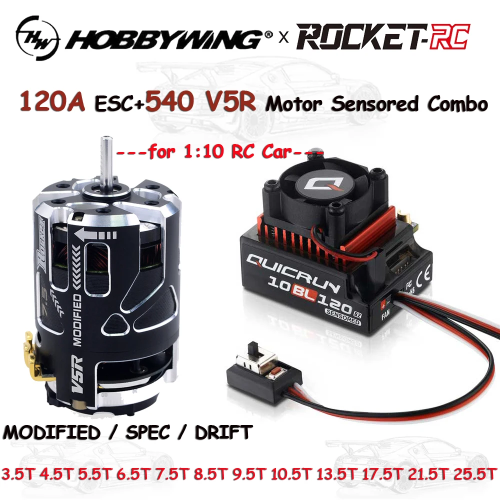 Hobbywing 120A ESC w/ ROCKET-RC 540 V5R 8.5T 10.5T 13.5T 17.5T 21.5T Motor Sensored Brushless Combo for 1/10 Drift RC Racing Car
Hobbywing 120A ESC w/ ROCKET-RC 540 V5R 8.5T 10.5T 13.5T 17.5T 21.5T Motor Sensored Brushless Combo for 1/10 Drift RC Racing Car