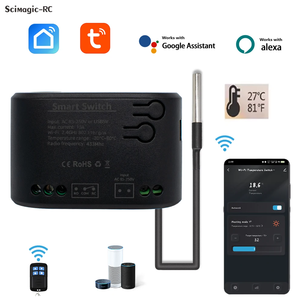 Tuya Switch With Temperature Sensor ,Smart RF 433 10A 2000W 12V 24V 220V Thermostat Data Monitoring Alexa Google Home Compatible
Tuya Switch With Temperature Sensor ,Smart RF 433 10A 2000W 12V 24V 220V Thermostat Data Monitoring Alexa Google Home Compatible