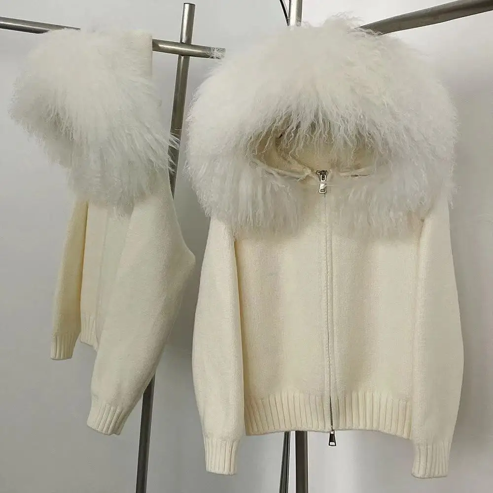 Luxyonuo Hooded Knitted Cardigan for Women Ladies Luxury Big Mongolian Sheep Fur Collar Sweater 2025 Autumn Winter New Arrival
Luxyonuo Hooded Knitted Cardigan for Women Ladies Luxury Big Mongolian Sheep Fur Collar Sweater 2025 Autumn Winter New Arrival