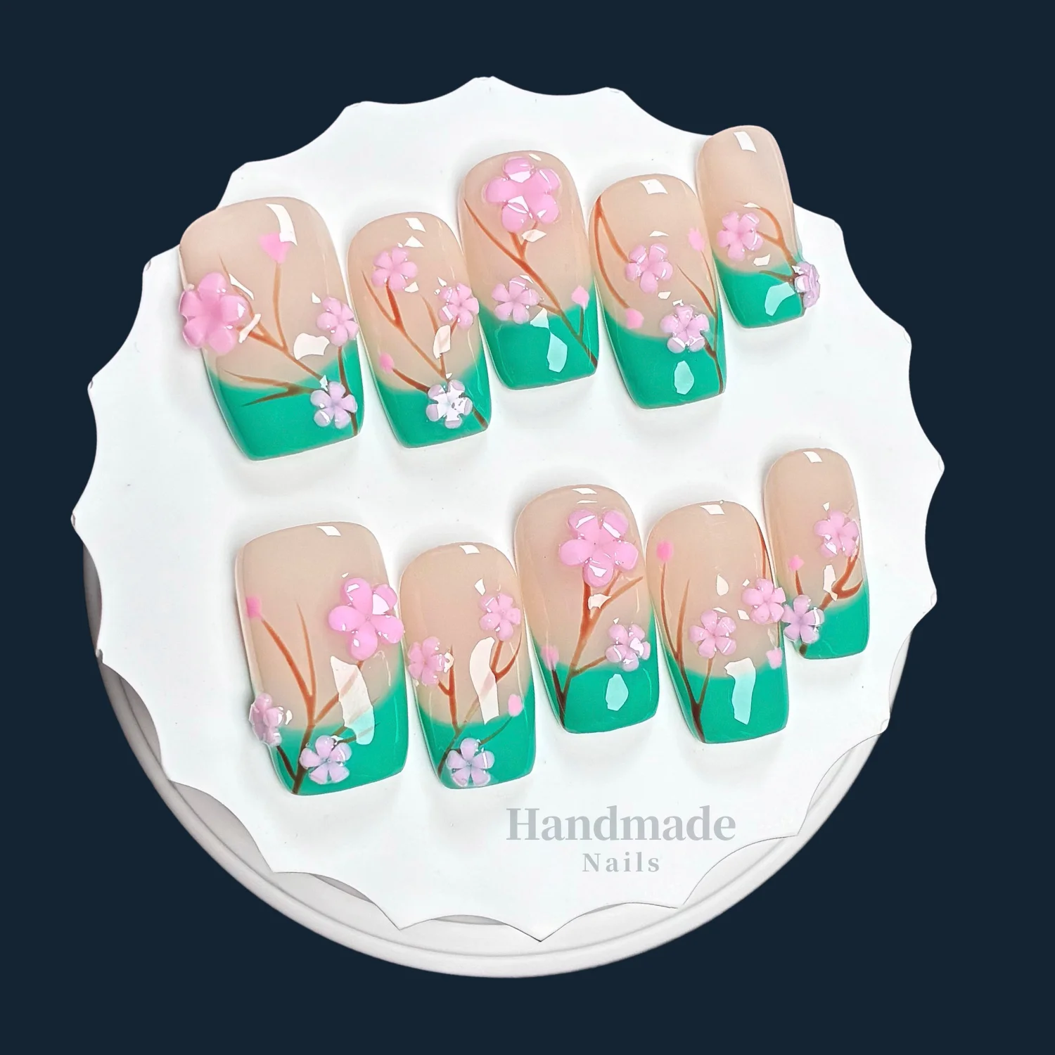 10Pcs Handmade Green Press on Nails 3D Pink Cherry Blossom French Square False Nails Sweet Style Wearable Reusable Fake Nails
10Pcs Handmade Green Press on Nails 3D Pink Cherry Blossom French Square False Nails Sweet Style Wearable Reusable Fake Nails
