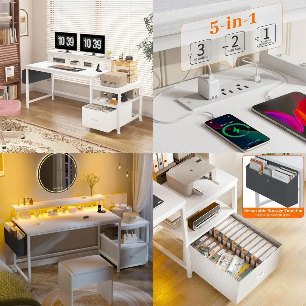 White Home Office Desk with Drawers, Printer Space, Power Outlets, File Cabinet, and Monitor Stand for Study, Writing and Gamin
White Home Office Desk with Drawers, Printer Space, Power Outlets, File Cabinet, and Monitor Stand for Study, Writing and Gamin