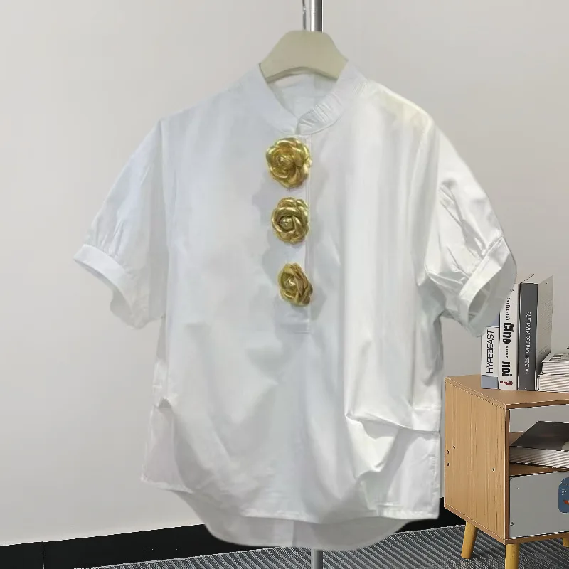 New Loose And Lazy Style Design, Short Sleeved Shirt, Women's Metal Buckle Decoration, Lapel, Casual Summer
New Loose And Lazy Style Design, Short Sleeved Shirt, Women's Metal Buckle Decoration, Lapel, Casual Summer