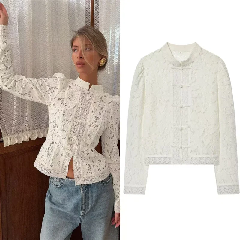 Women's Shirt European and American Style Frog Button Waist-Cinching Lace Crochet Stand Collar Blouse Fashionable Casual Top
Women's Shirt European and American Style Frog Button Waist-Cinching Lace Crochet Stand Collar Blouse Fashionable Casual Top