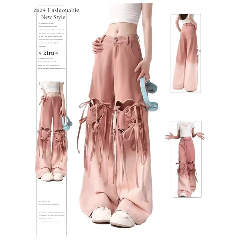 Retro Dopamine Pink Love Strap Jeans Thin, Perforated, Loose, Slimming Straight Leg Floor Pants
Retro Dopamine Pink Love Strap Jeans Thin, Perforated, Loose, Slimming Straight Leg Floor Pants