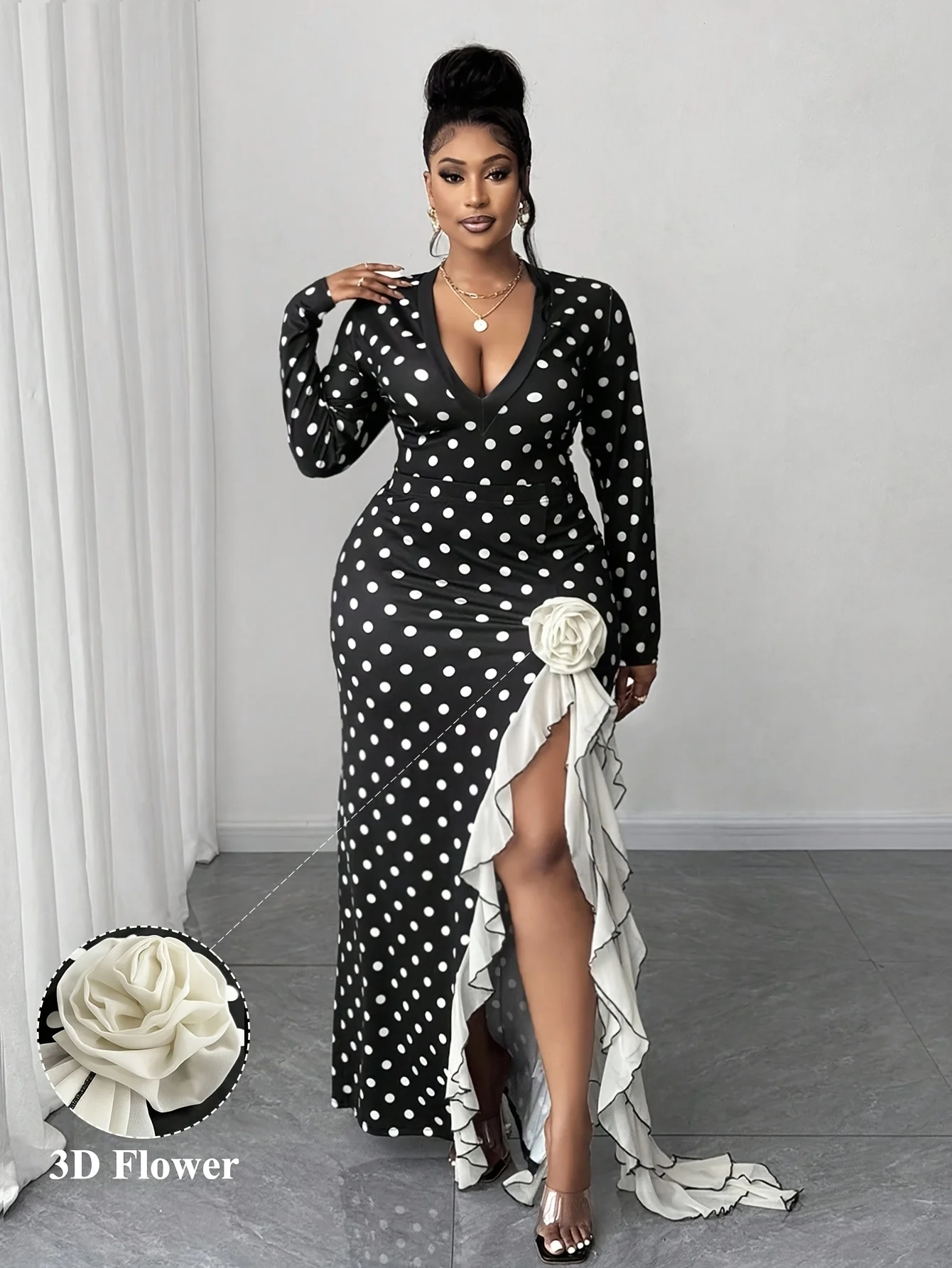 Women's Plus Size Black White Polka Dot Long Sleeve Deep V-Neck High Split Ruffle Trim Maxi Dress Party Gown
Women's Plus Size Black White Polka Dot Long Sleeve Deep V-Neck High Split Ruffle Trim Maxi Dress Party Gown