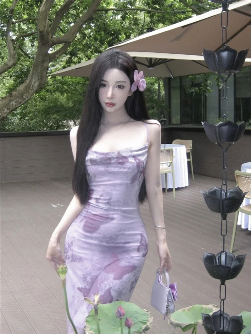 Summer Purple Floral Print Halter Dress Women's Slimming Long Sexy Backless Gown Tea Break Pure Desire Style mid Waist Design
Summer Purple Floral Print Halter Dress Women's Slimming Long Sexy Backless Gown Tea Break Pure Desire Style mid Waist Design