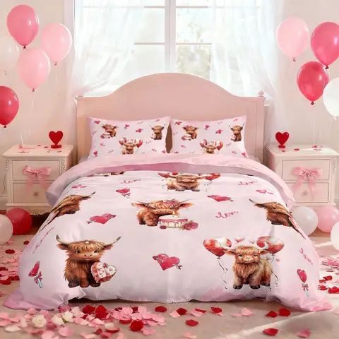 3pc Valentine's Day Pink Romantic Highland Cow Print Coreless Bedding Set Multi Size Bedroom Bedding Decoration Machine Washable