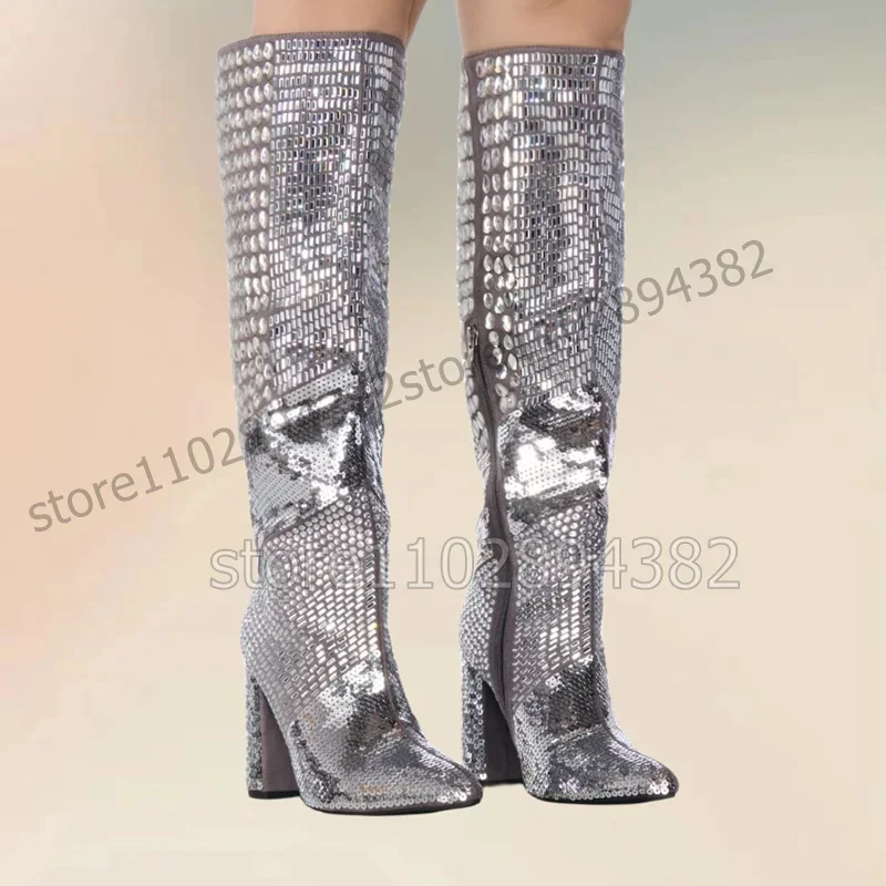 Silver Crystal Sequins Decor Pointed Toe Boots Side Zipper Women Shoes Chunky High Heels Novel Fashion 2023 Zapatos Para Mujere 
Silver Crystal Sequins Decor Pointed Toe Boots Side Zipper Women Shoes Chunky High Heels Novel Fashion 2023 Zapatos Para Mujere