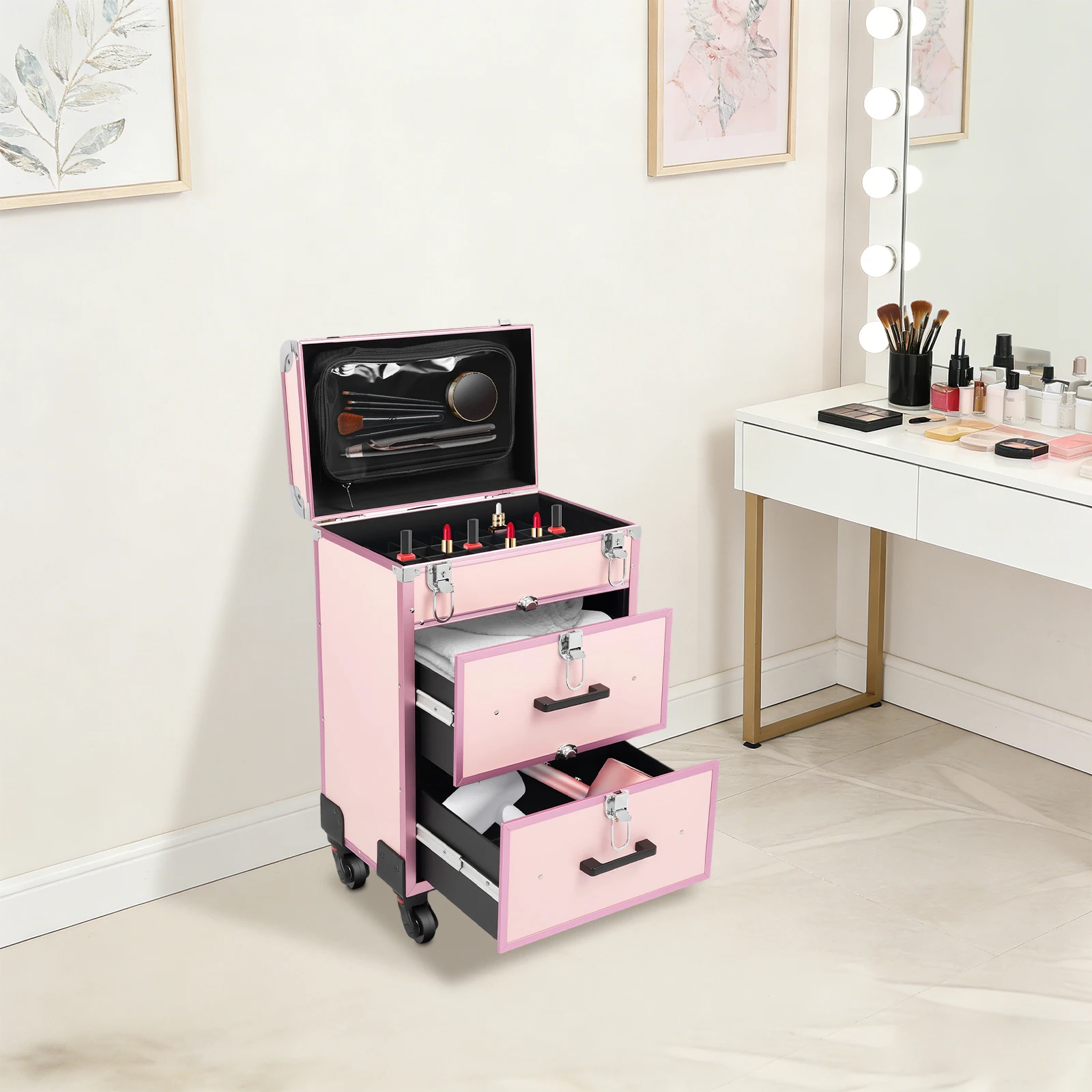 Modern Rectangular Rolling Makeup Train Case, Portable Pull Rod Cosmetic Trolley Aluminum Makeup Storage Organizer Fashionable Appearance
Modern Rectangular Rolling Makeup Train Case, Portable Pull Rod Cosmetic Trolley Aluminum Makeup Storage Organizer Fashionable Appearance