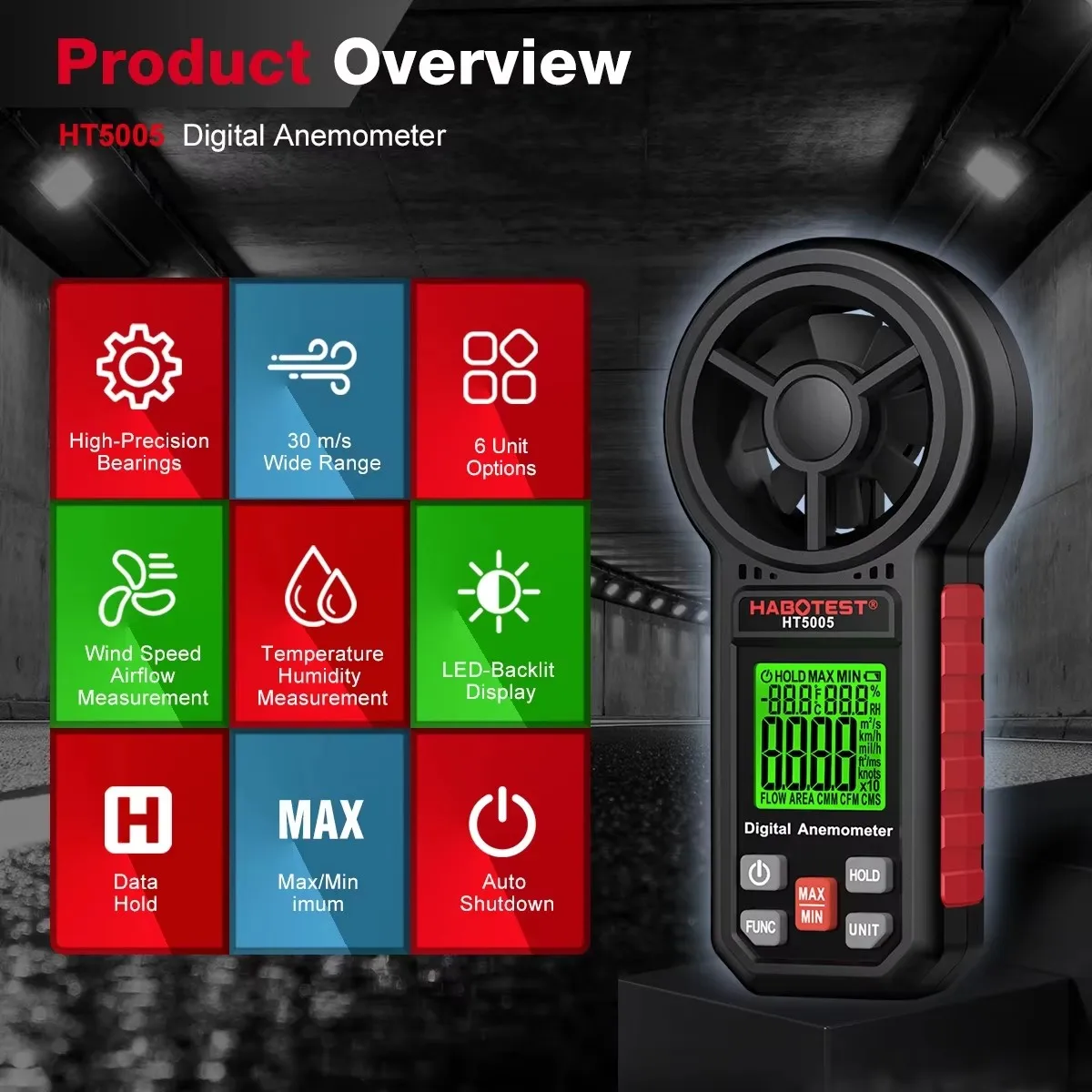HABOTEST HT5005 High Precision Digital Anemometer Air Flow Temperature Meter CFM/CMM/CMS Data Record Measuring Tool
HABOTEST HT5005 High Precision Digital Anemometer Air Flow Temperature Meter CFM/CMM/CMS Data Record Measuring Tool