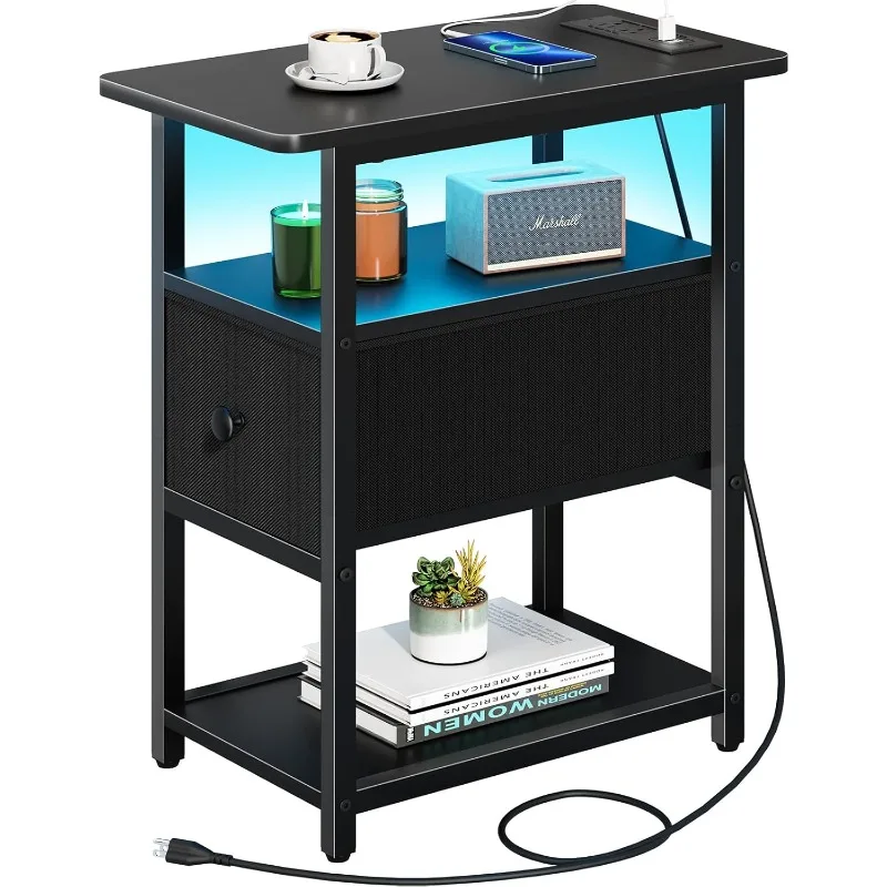 Narrow Side Table, LED End Table with Charging Station, 3-Tier End Tables Living Room with Adjustable Fabric Drawer, Small
Narrow Side Table, LED End Table with Charging Station, 3-Tier End Tables Living Room with Adjustable Fabric Drawer, Small