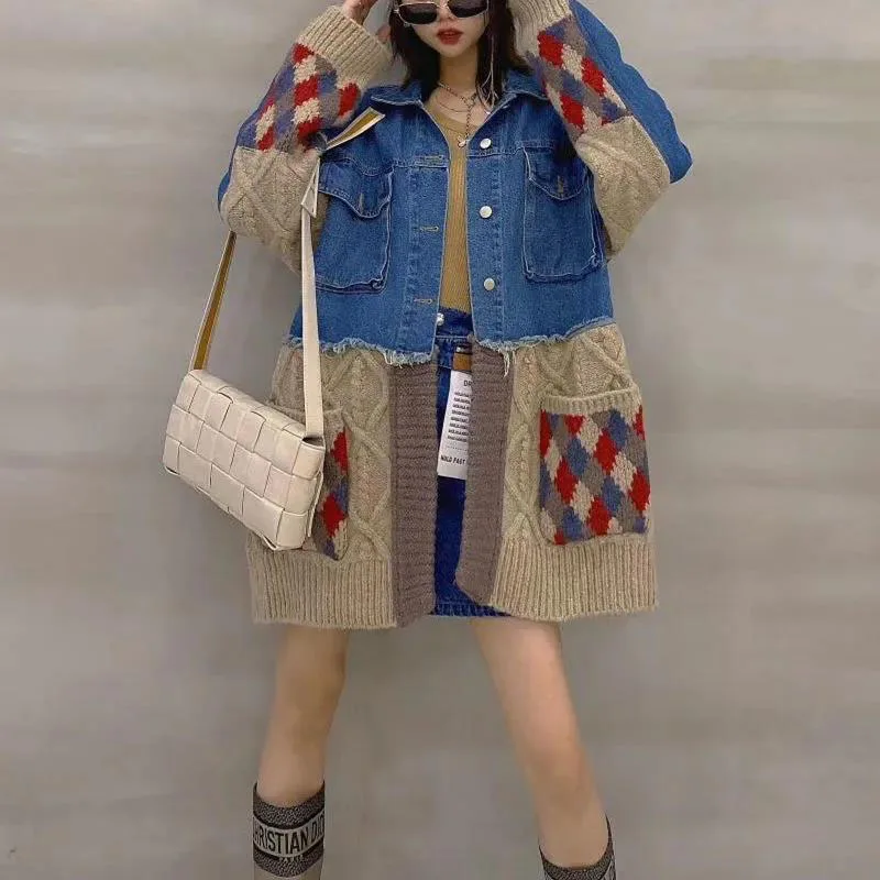 Spring Autumn Knitted Stitching Denim Jacket Women Coat Jackets New Long-Sleeved Loose Outerwear Mid-Length Casaco Feminino
Spring Autumn Knitted Stitching Denim Jacket Women Coat Jackets New Long-Sleeved Loose Outerwear Mid-Length Casaco Feminino