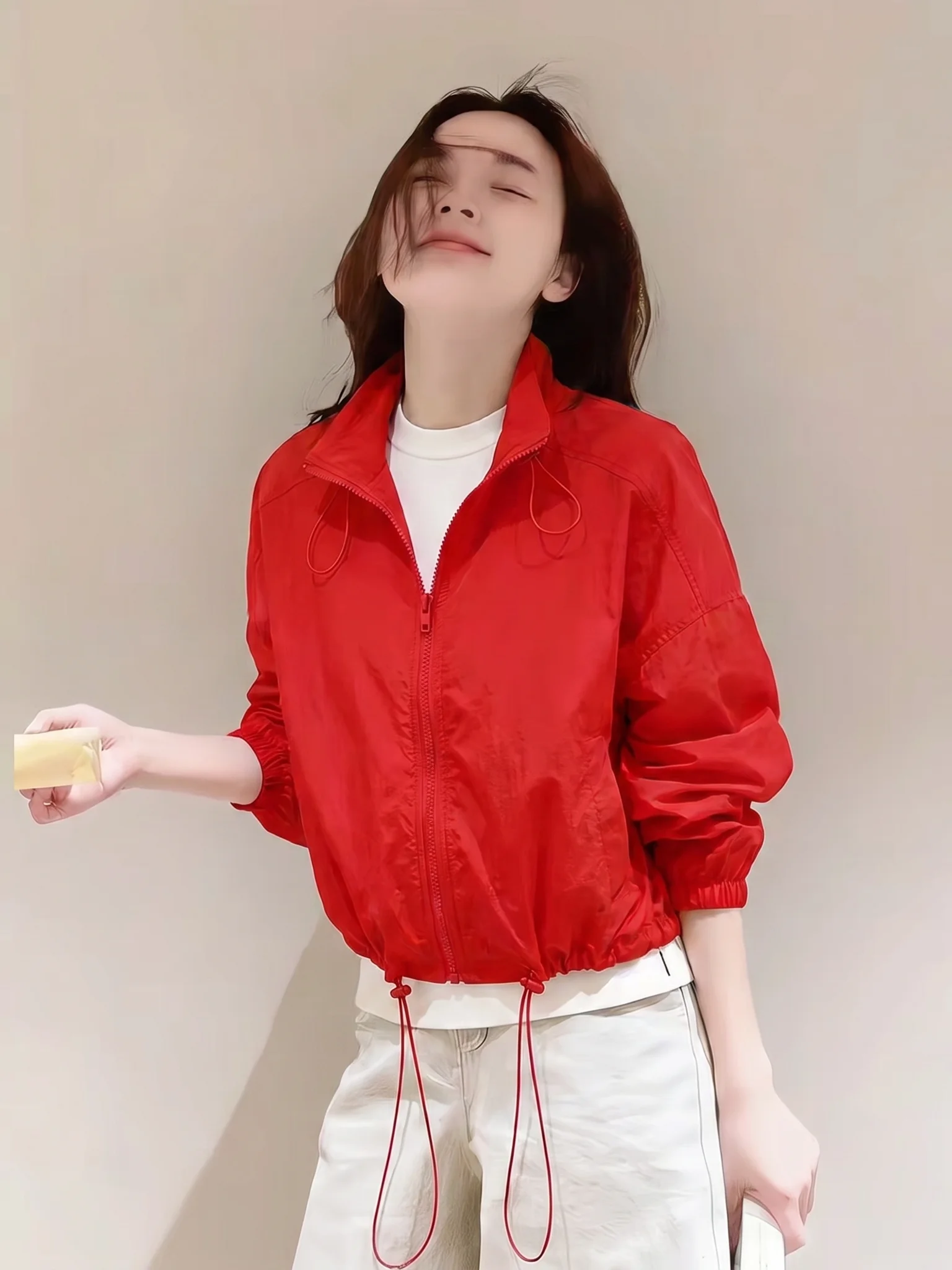 Korean Style Loose Short Women's Jacket Red Stand Collar Drawstring Sun Protection Thin High Waist Slimming Coat
Korean Style Loose Short Women's Jacket Red Stand Collar Drawstring Sun Protection Thin High Waist Slimming Coat