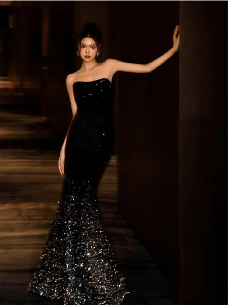 Black sequined birthday party host runway show art examination piano performance dress
Black sequined birthday party host runway show art examination piano performance dress